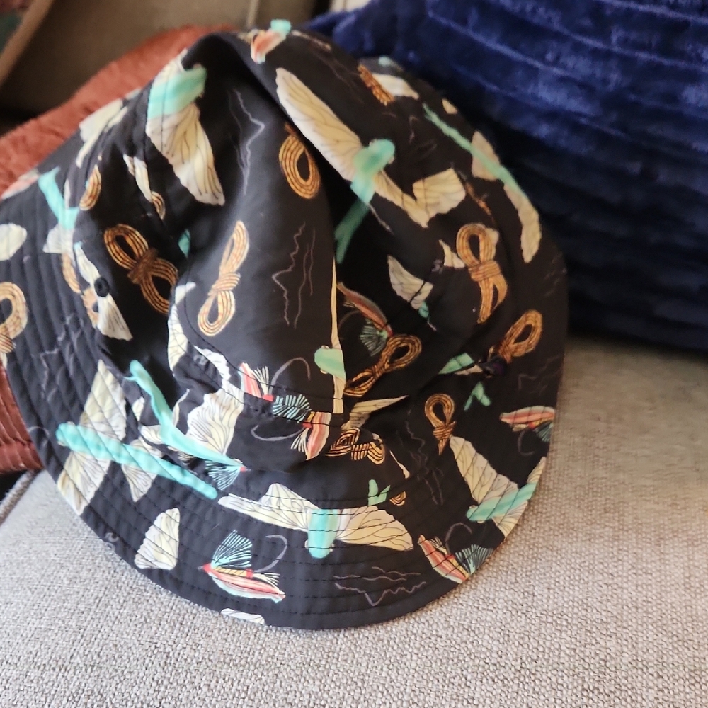 Black Bucket Hat with Turquoise and Gold Feather Print